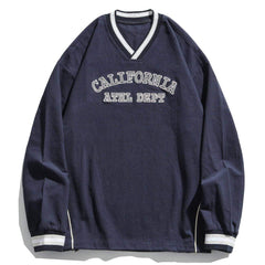 Embroidered Letters V-Collar Dropped Shoulder Sweatshirt