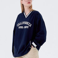 Embroidered Letters V-Collar Dropped Shoulder Sweatshirt