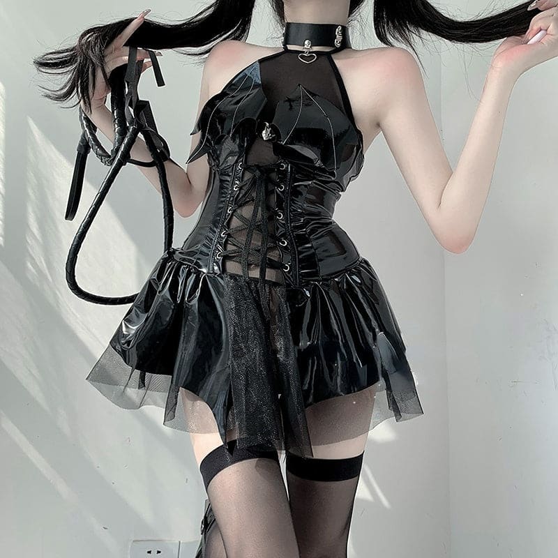 Sweet Black Red Devil Queen PU Dress K19111
