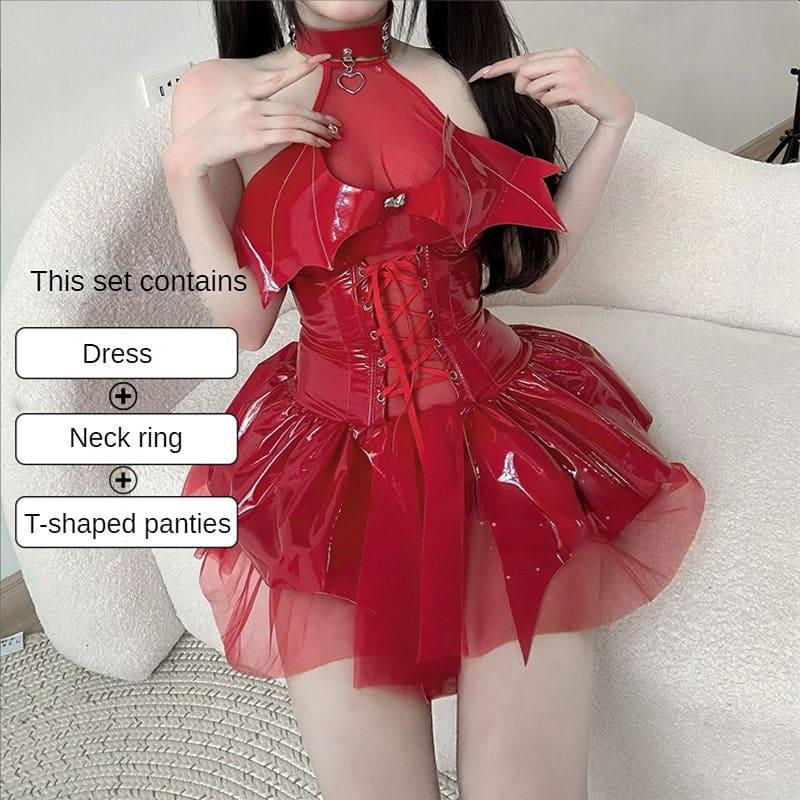 Sweet Black Red Devil Queen PU Dress K19111