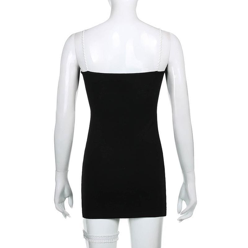 Sweet Casual Simple Irregular White Lace Leg Ring Black Suspender Dress EE0857