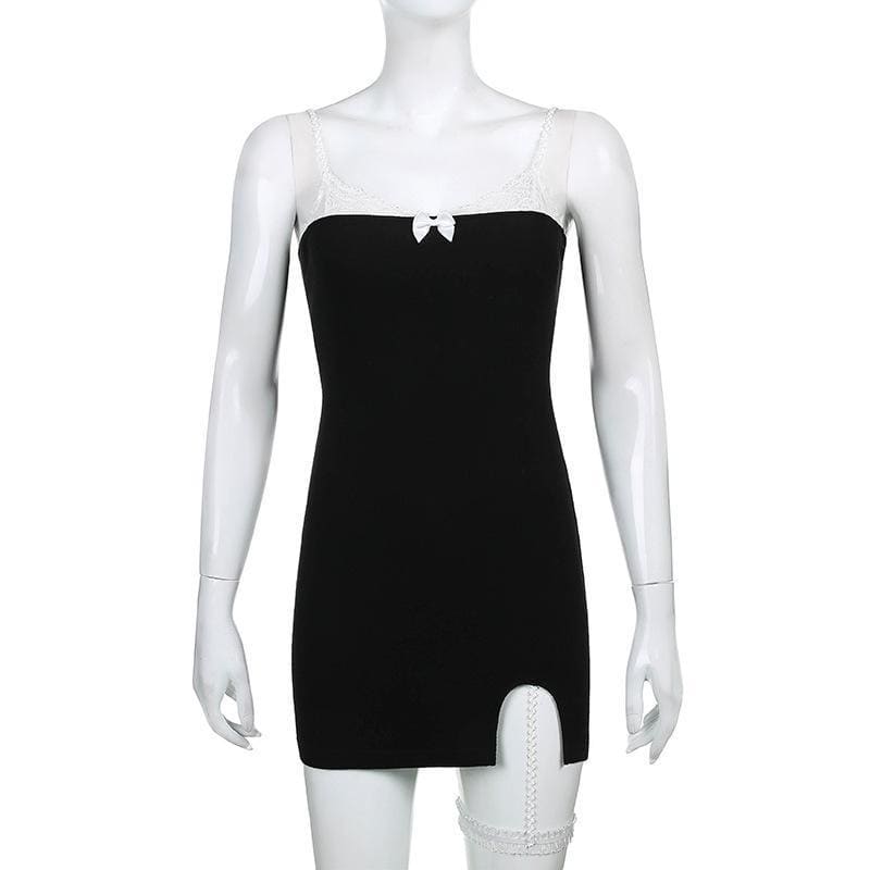 Sweet Casual Simple Irregular White Lace Leg Ring Black Suspender Dress EE0857