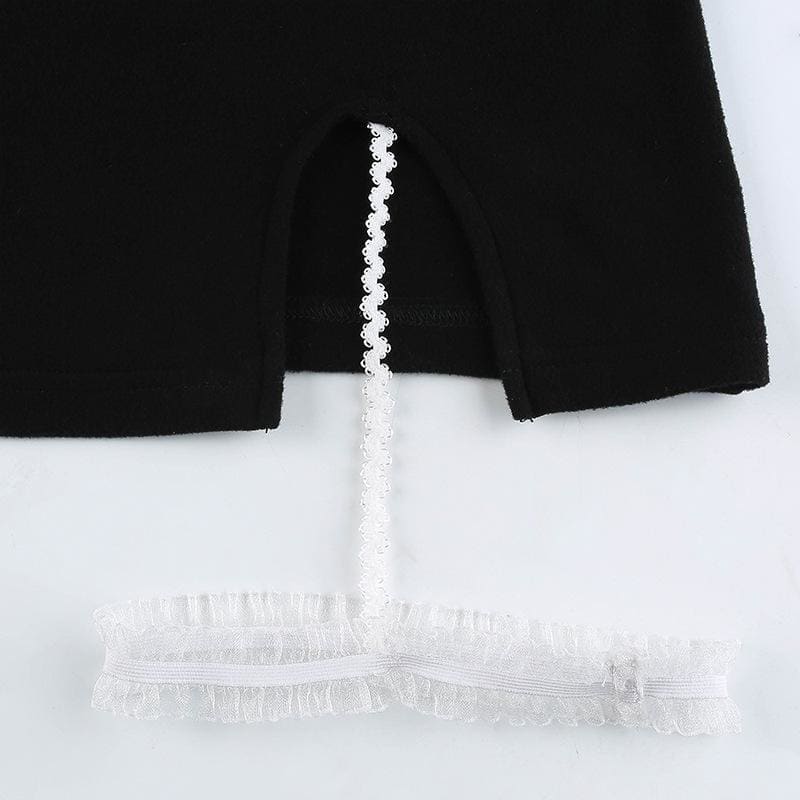 Sweet Casual Simple Irregular White Lace Leg Ring Black Suspender Dress EE0857