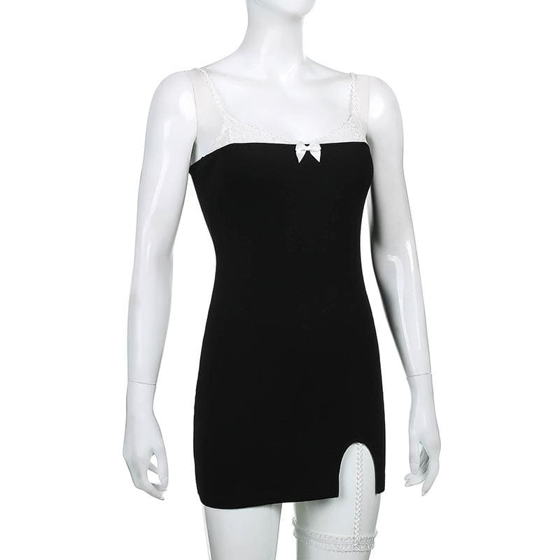 Sweet Casual Simple Irregular White Lace Leg Ring Black Suspender Dress EE0857