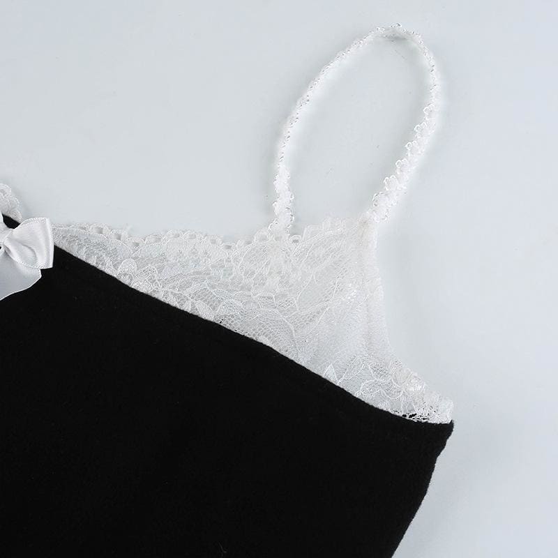 Sweet Casual Simple Irregular White Lace Leg Ring Black Suspender Dress EE0857