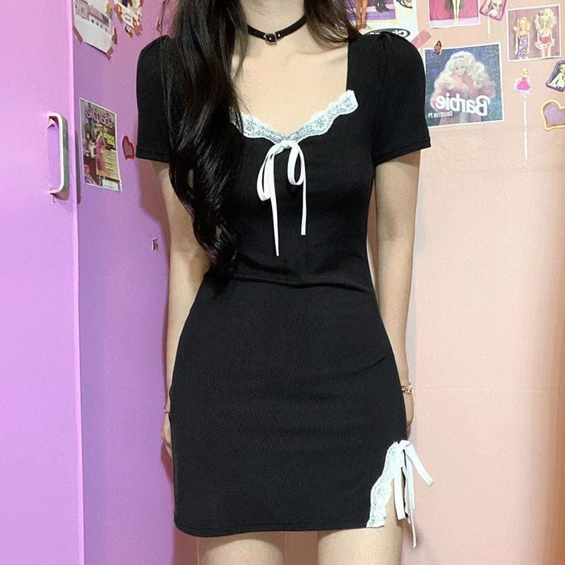Sweet Comfy Witch Black Dress White Lace