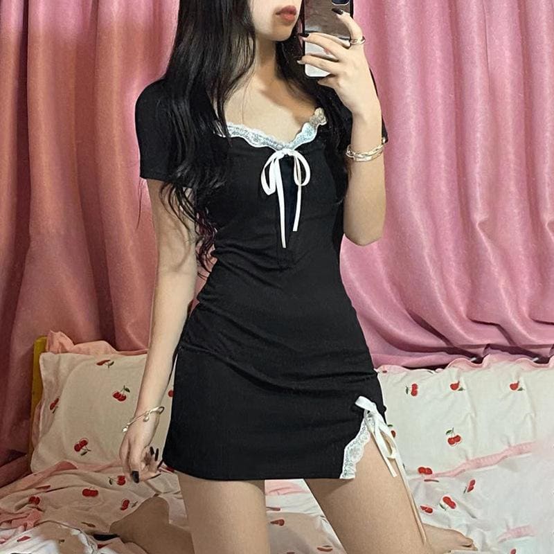 Sweet Comfy Witch Black Dress White Lace