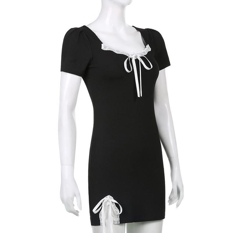 Sweet Comfy Witch Black Dress White Lace