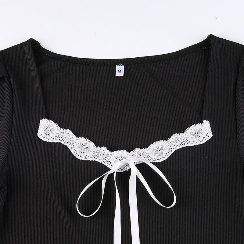 Sweet Comfy Witch Black Dress White Lace