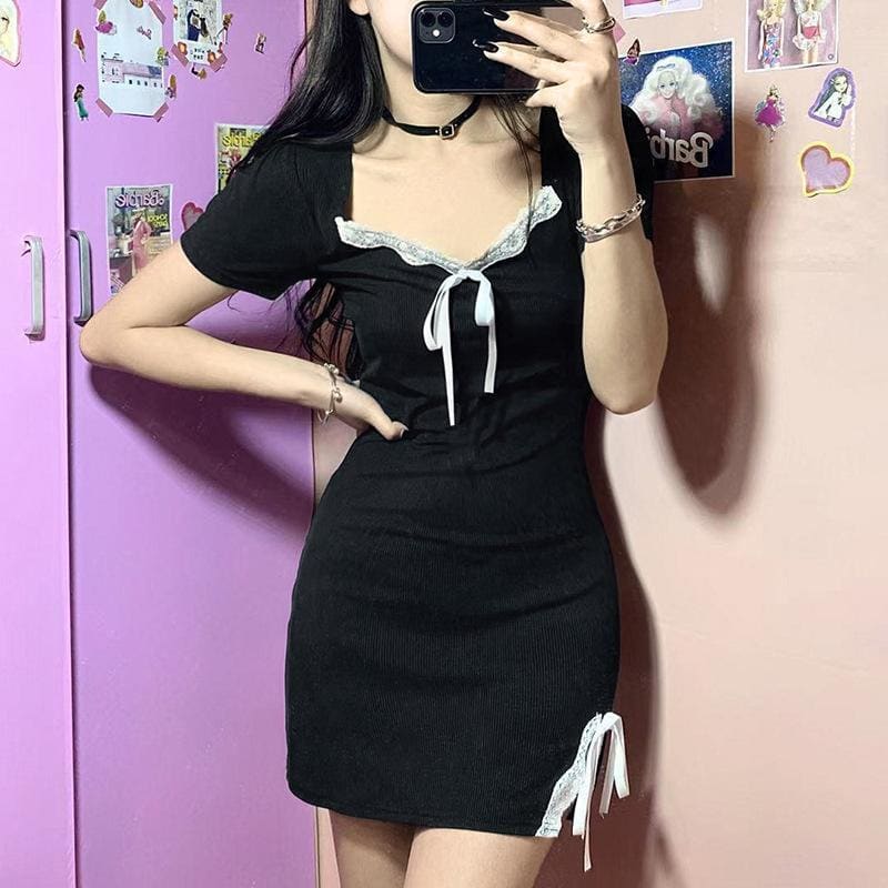 Sweet Comfy Witch Black Dress White Lace