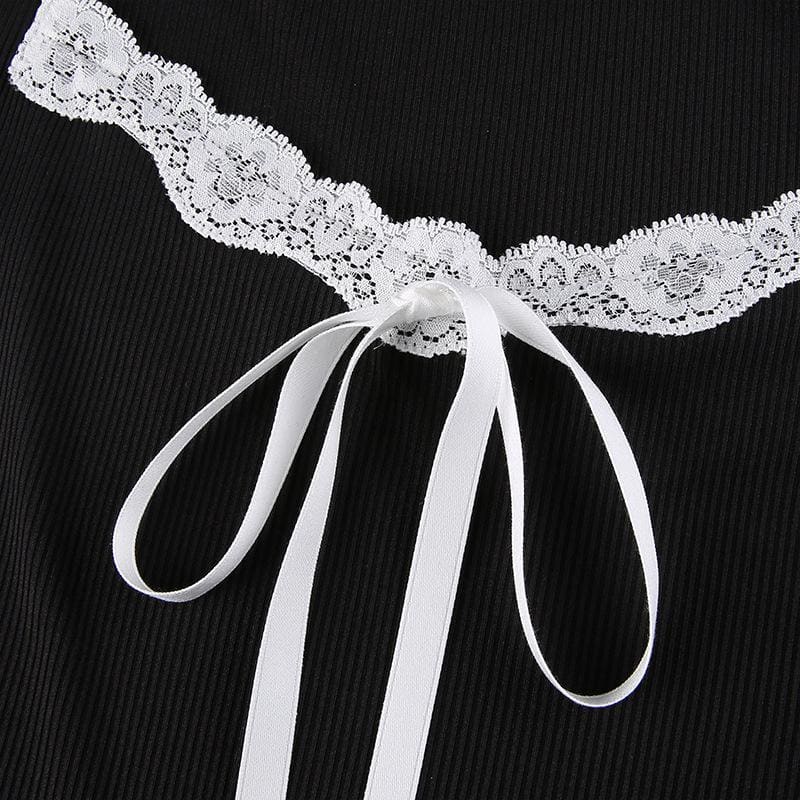 Sweet Comfy Witch Black Dress White Lace