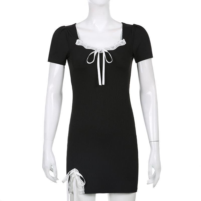 Sweet Comfy Witch Black Dress White Lace