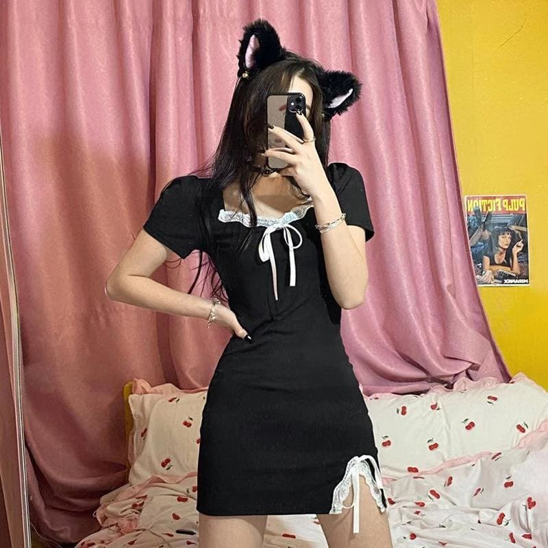 Sweet Comfy Witch Black Dress White Lace