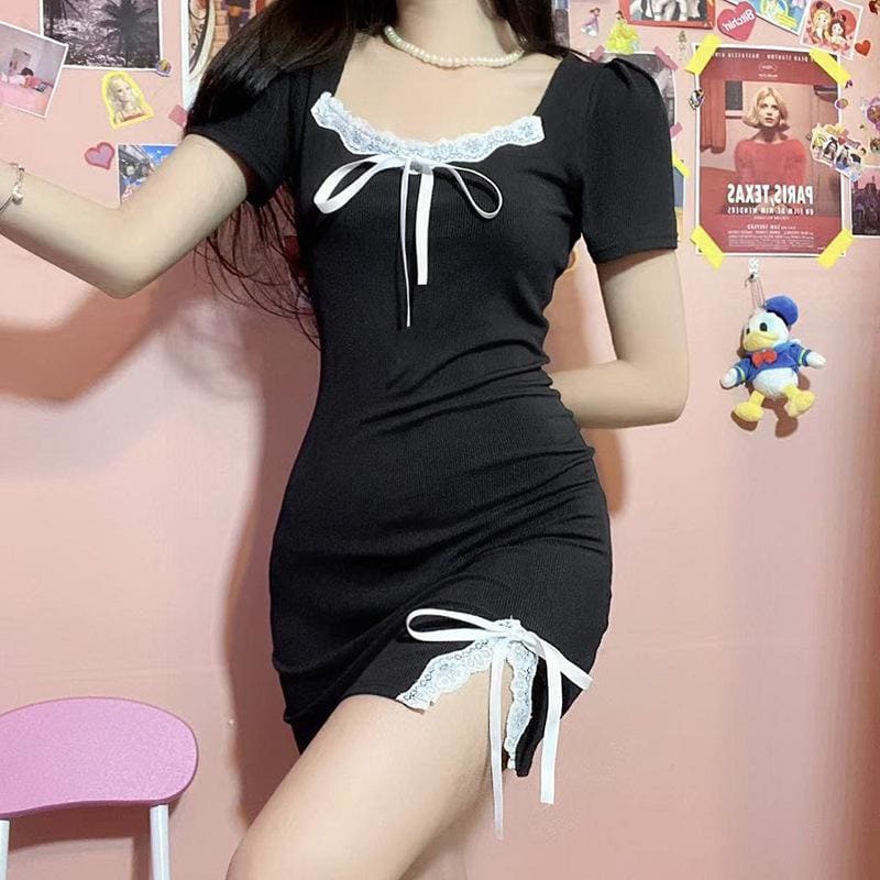Sweet Comfy Witch Black Dress White Lace