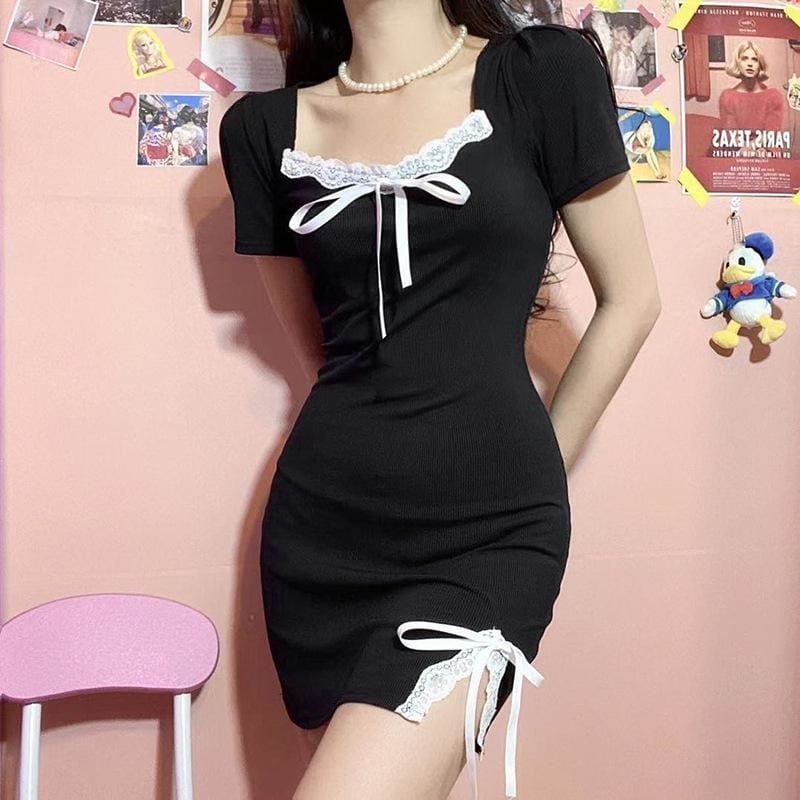 Sweet Comfy Witch Black Dress White Lace