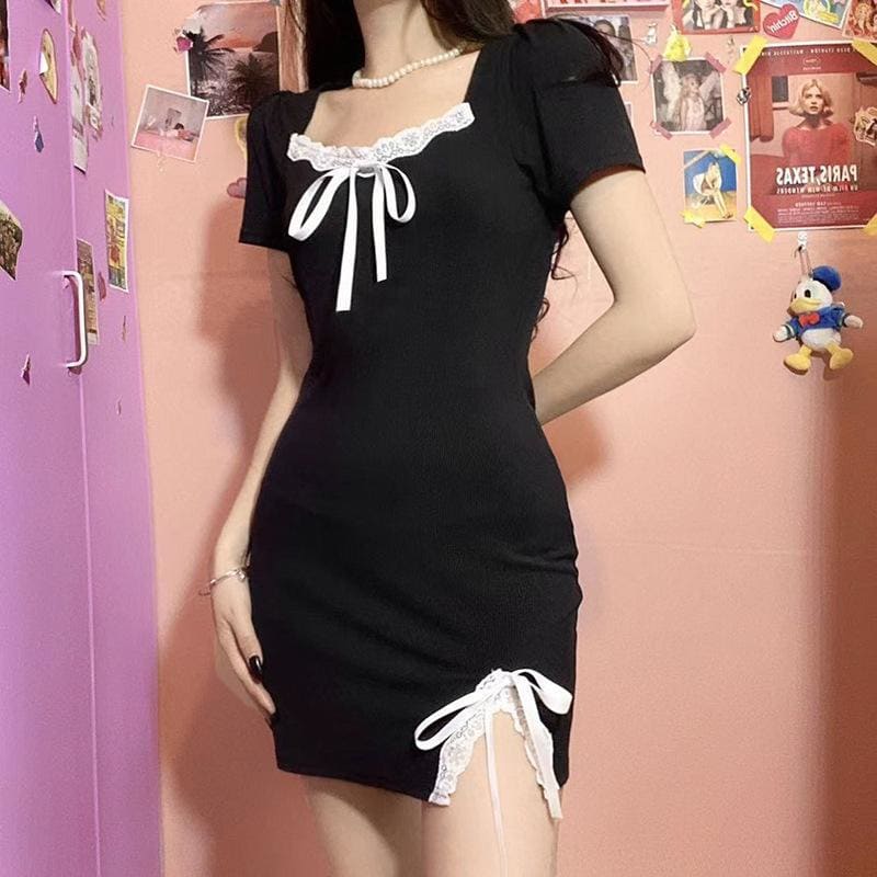 Sweet Comfy Witch Black Dress White Lace
