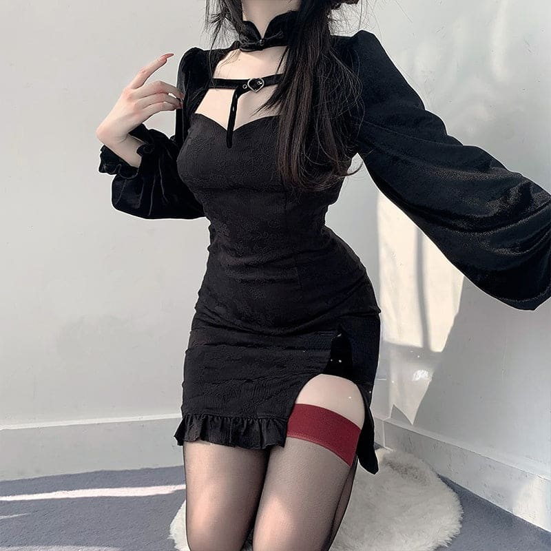 Sweet Elegant Black Open-Side Puff Dress