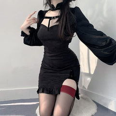 Sweet Elegant Black Open-Side Puff Dress