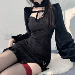 Sweet Elegant Black Open-Side Puff Dress