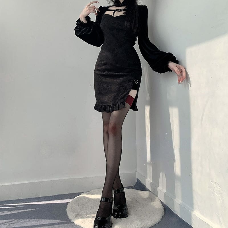 Sweet Elegant Black Open-Side Puff Dress