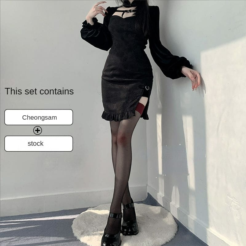 Sweet Elegant Black Open-Side Puff Dress