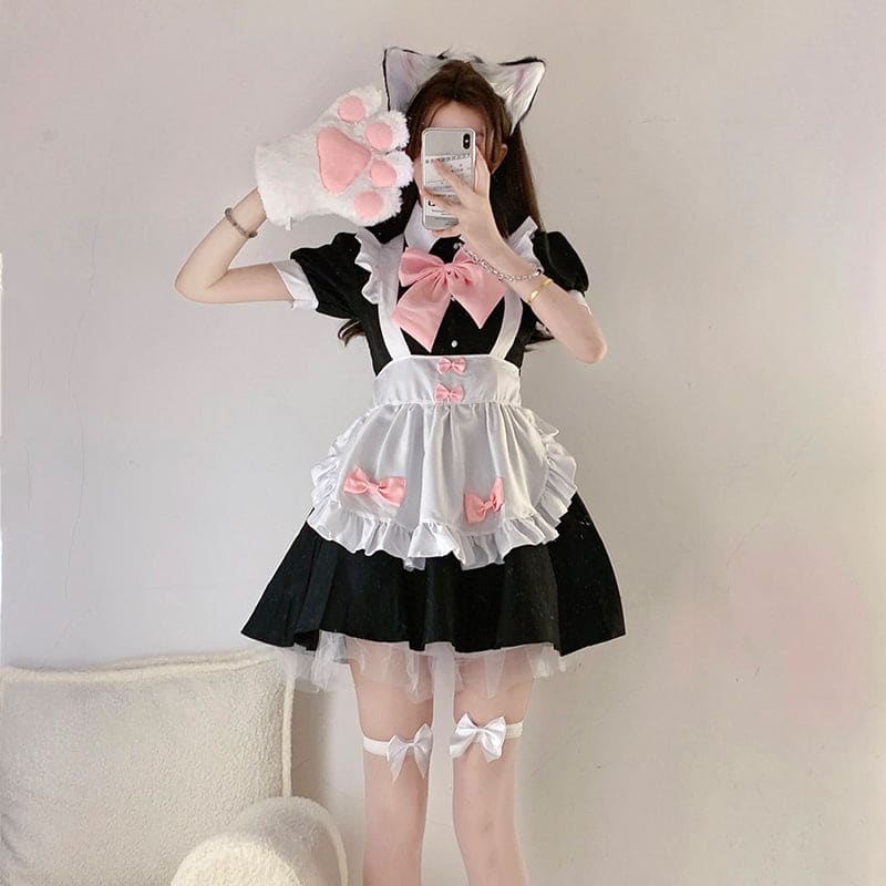 Sweet Neko Maid Pink Bows Black Dress