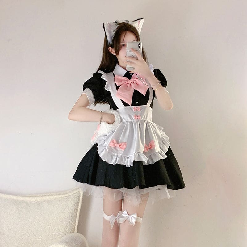 Sweet Neko Maid Pink Bows Black Dress