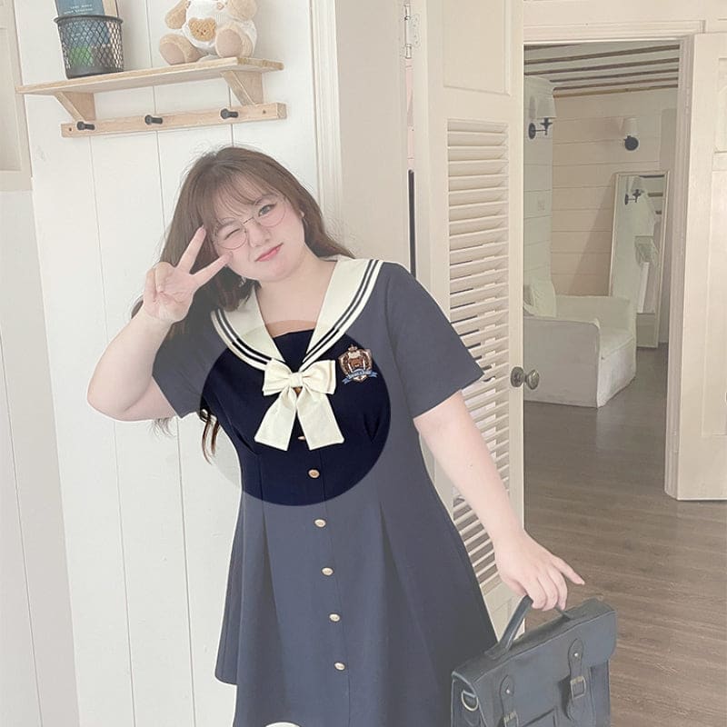 Sweet Plus-size Navy Neck Embroidery Dress Set