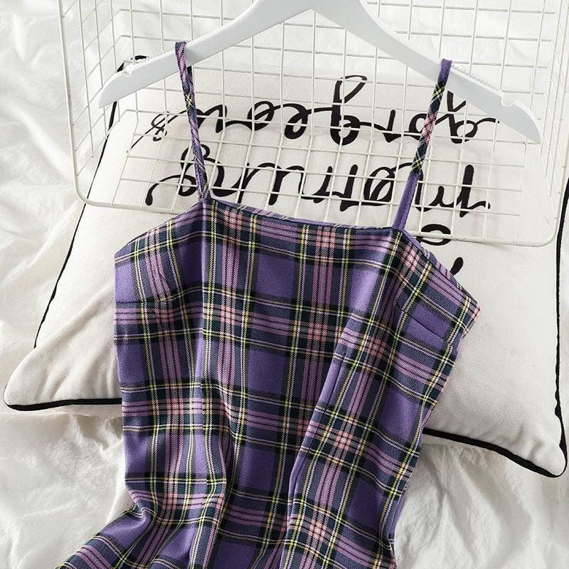 Sweet Purple Plaid Halter Dress+Mesh Sunscreen Blouse Suit