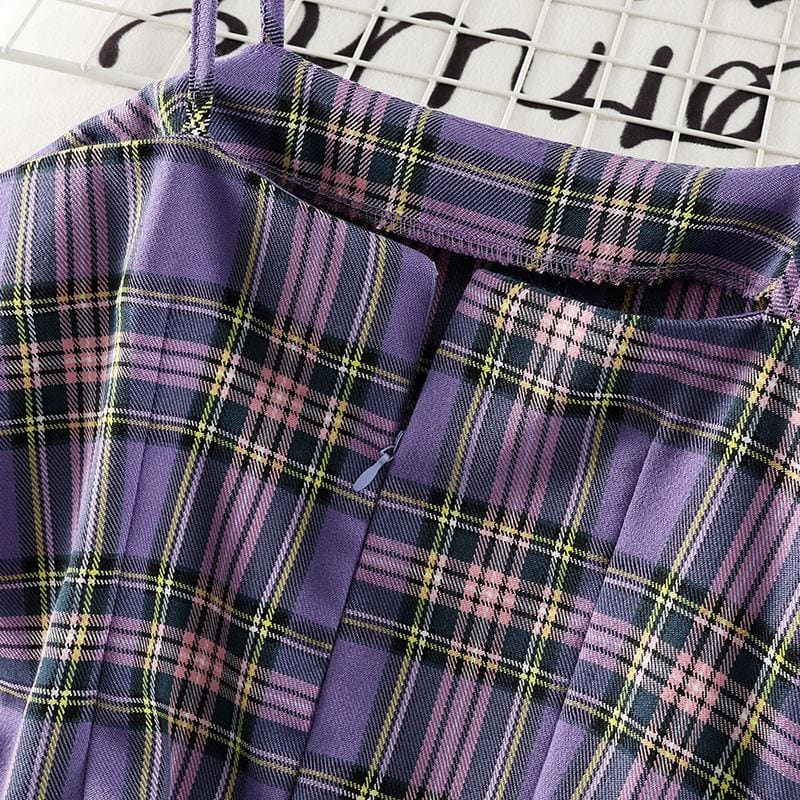 Sweet Purple Plaid Halter Dress+Mesh Sunscreen Blouse Suit