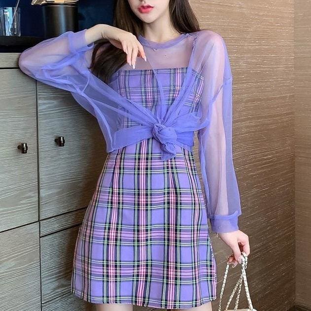 Sweet Purple Plaid Halter Dress+Mesh Sunscreen Blouse Suit