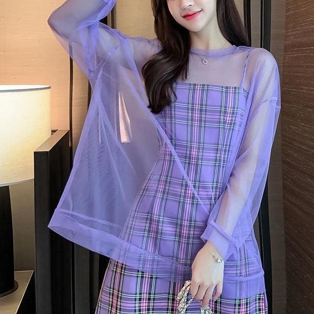 Sweet Purple Plaid Halter Dress+Mesh Sunscreen Blouse Suit