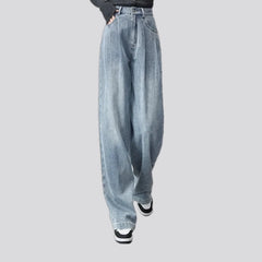 Whiskered baggy fit fashion jeans for ladies