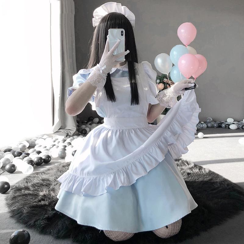 White Blue Cute Maid Dress EE0818