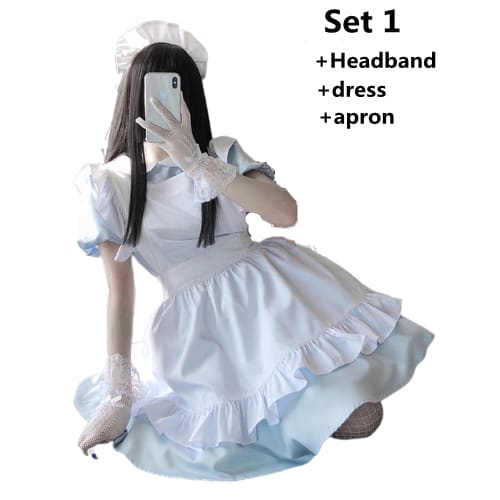 White Blue Cute Maid Dress EE0818