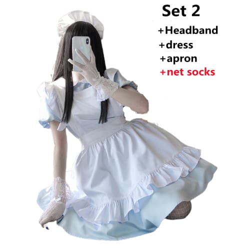 White Blue Cute Maid Dress EE0818
