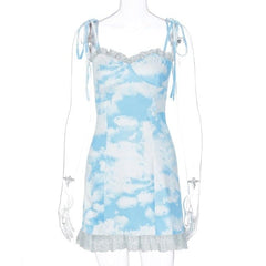 Y2K Sweet Cute Strap Bandage Ruffle Printing Dress