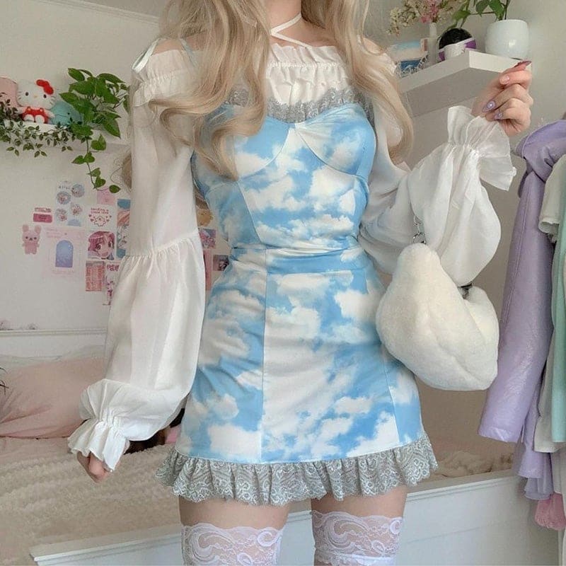 Y2K Sweet Cute Strap Bandage Ruffle Printing Dress